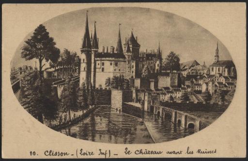 CLISSON (Loire-Atlantique). - Gravures anciennes de la ville (vues 1-7), vues générales (vues 8-12), carte à vignettes publicitaires (vue 13), vues aériennes (vues 14-18).